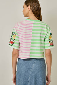Rose Embroidered Mix Stripe Tee