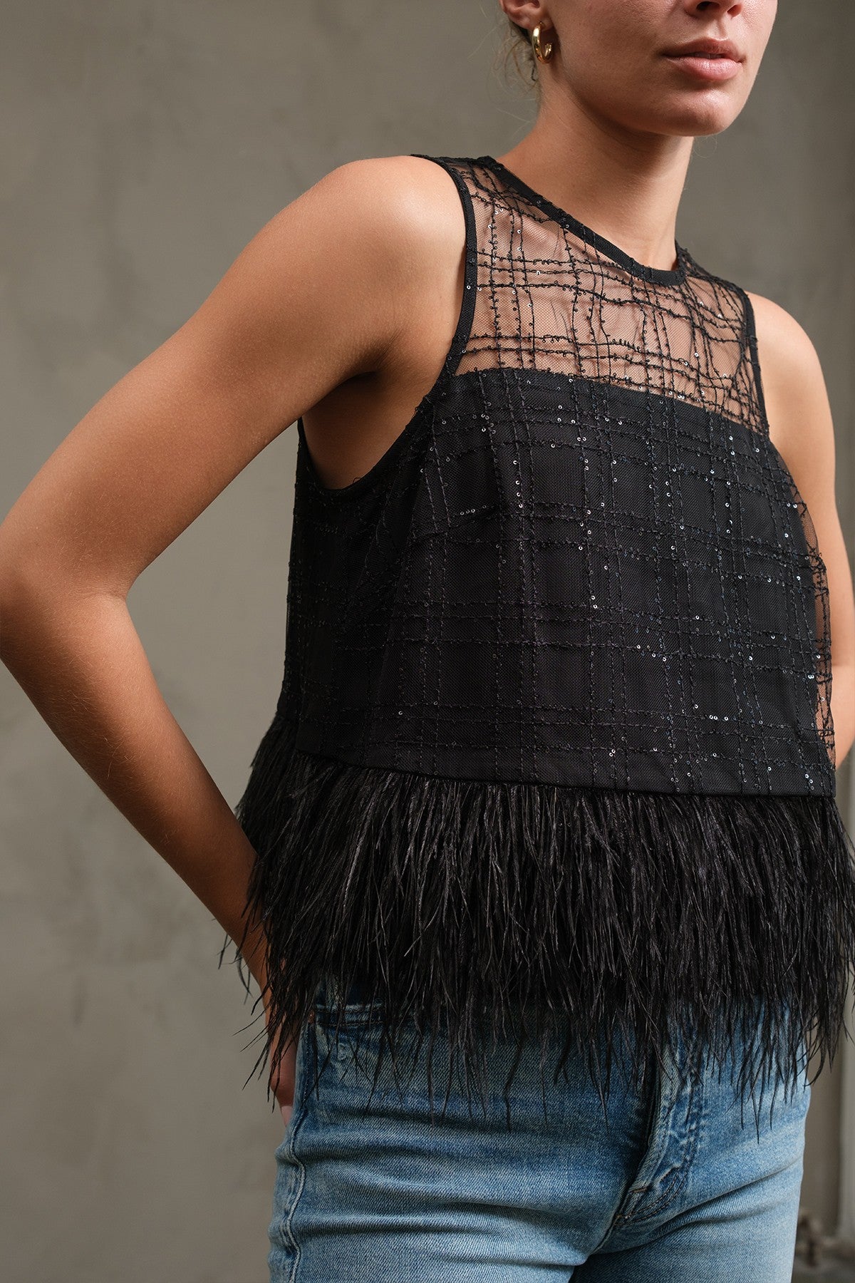 Sequin Mesh Feather Top