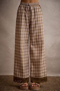Plaid Embroidered Hem Pants