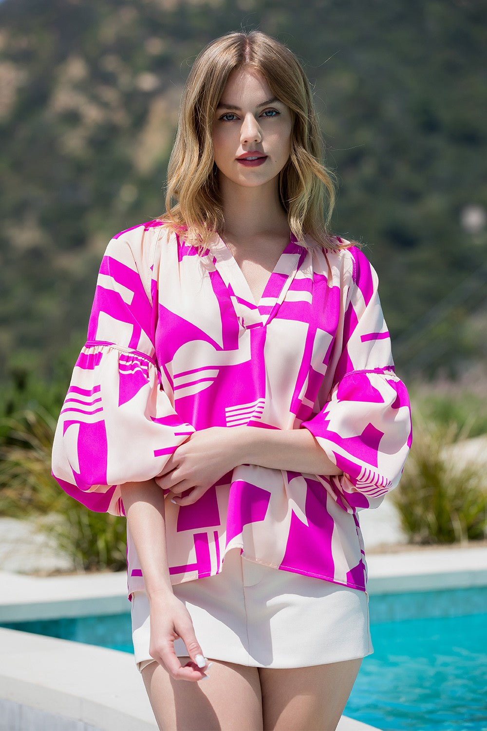 Abstract Print Puff Sleeve Top