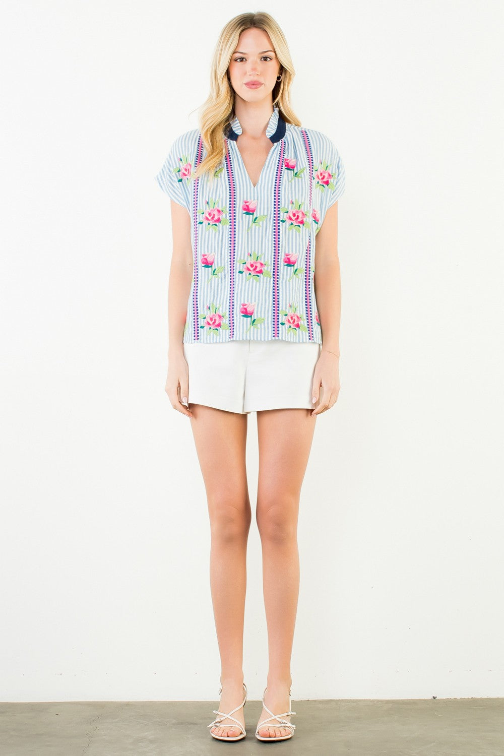 Embroidered Stripe V-neck Top