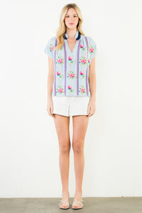Embroidered Stripe V-neck Top