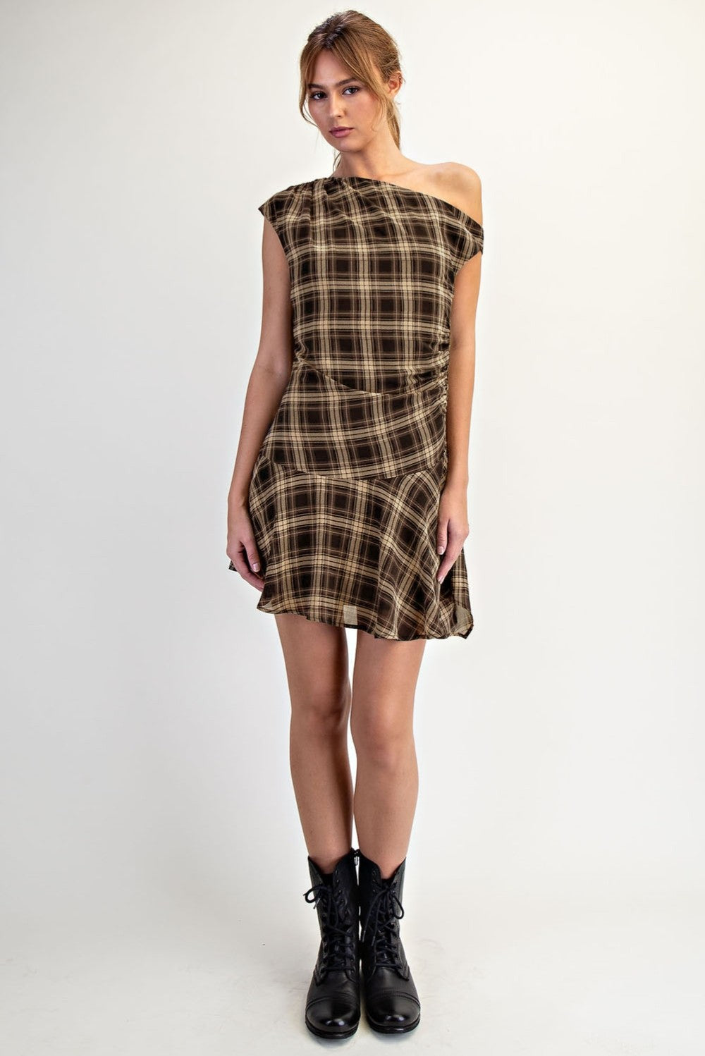 Plaid One Shoulder Mini Dress