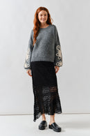 Embroidered Sleeve Fuzzy Sweater