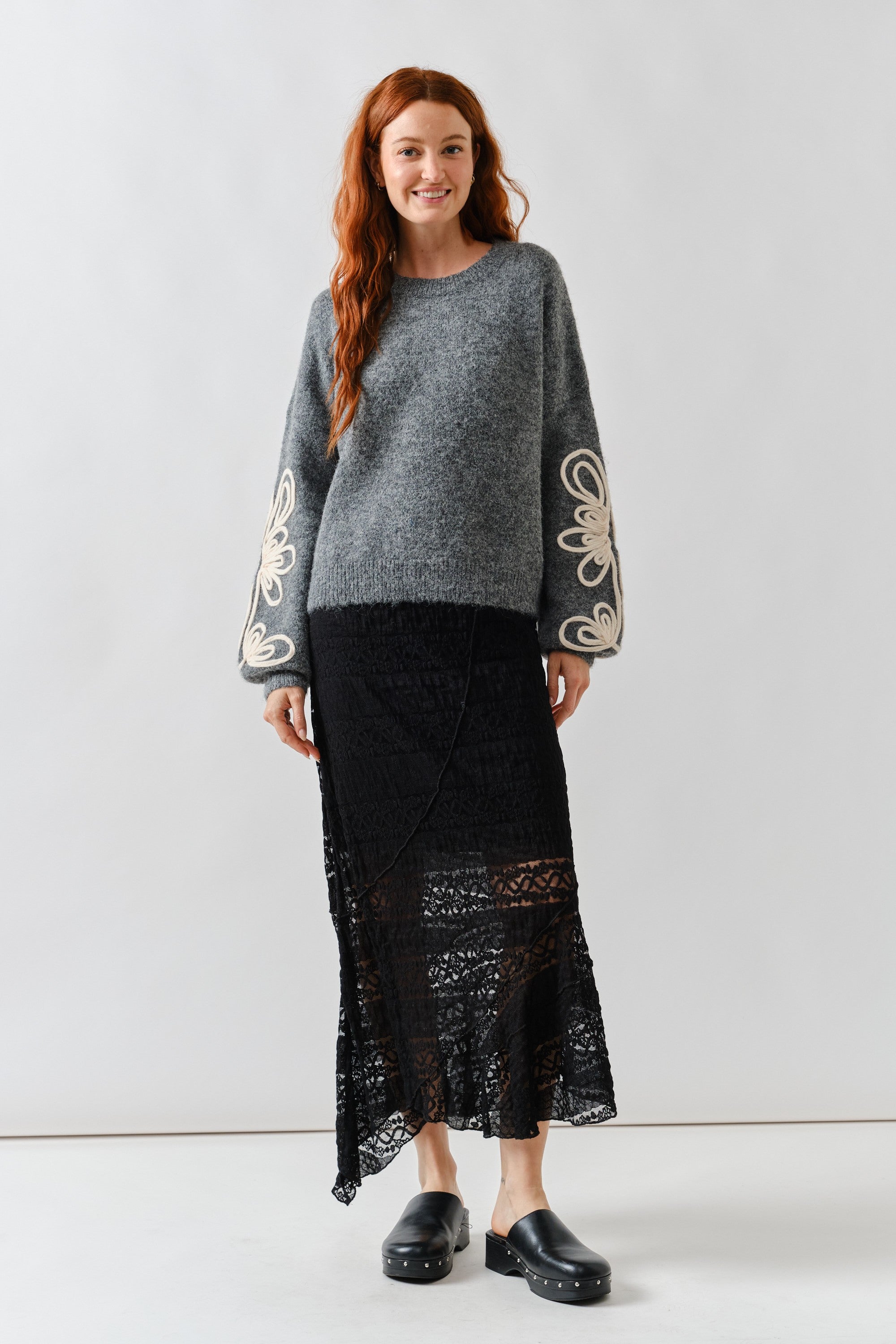 Embroidered Sleeve Fuzzy Sweater