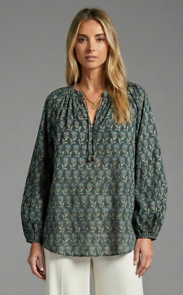 Twilight Bloom Tie-Neck Blouse