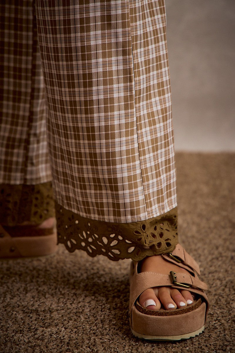 Plaid Embroidered Hem Pants