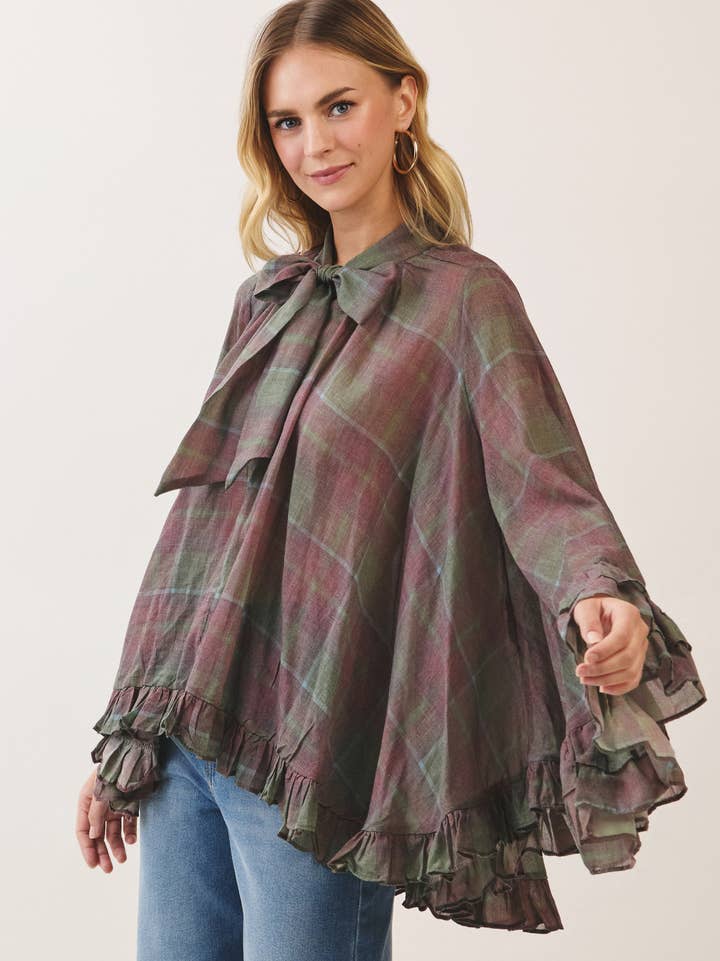 Plaid Bow Tie Ruffle Blouse