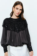 Beaded Sequin Yoke Satin Top