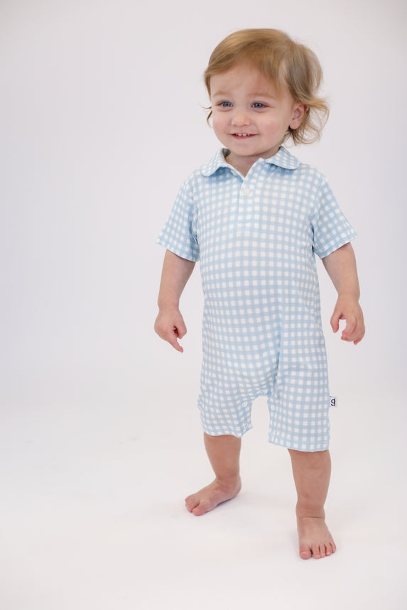 Blue Gingham Short Sleeve Polo Romper