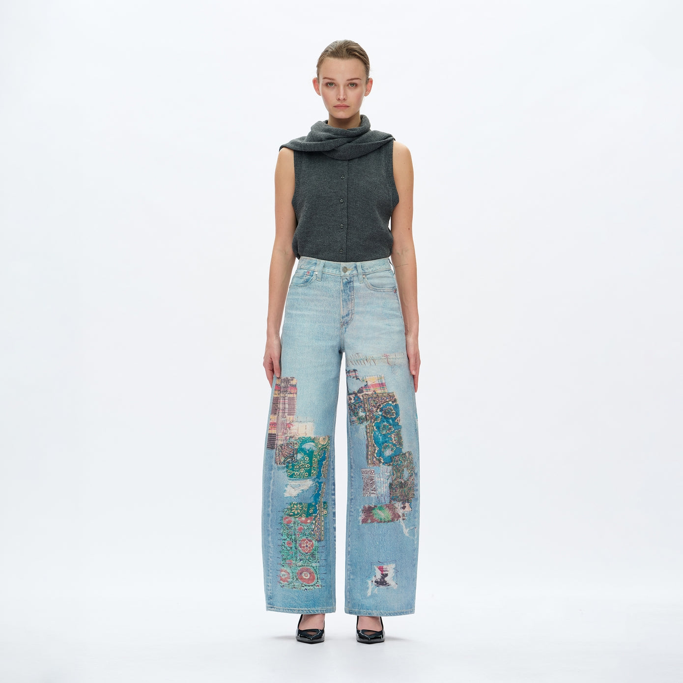 Patch Print High Rise Barrel Denim