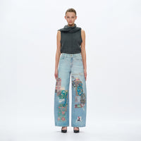 Patch Print High Rise Barrel Denim