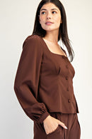 Square Neck Button-Up Top
