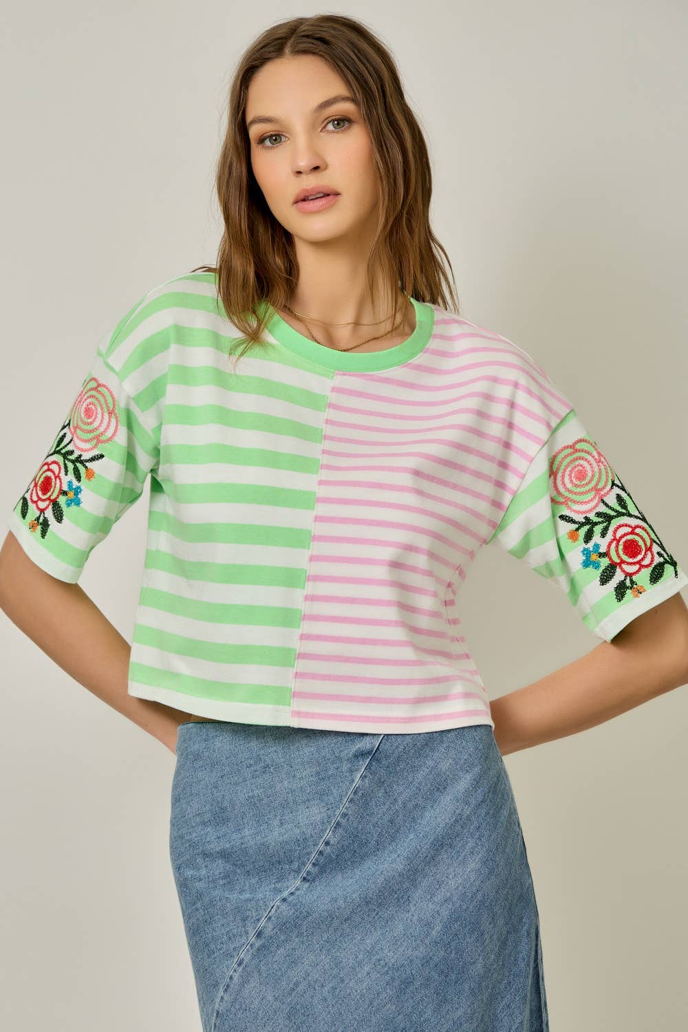 Rose Embroidered Mix Stripe Tee