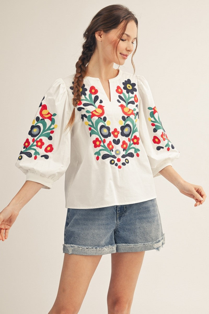 Embroidered Notched V-Neck Top