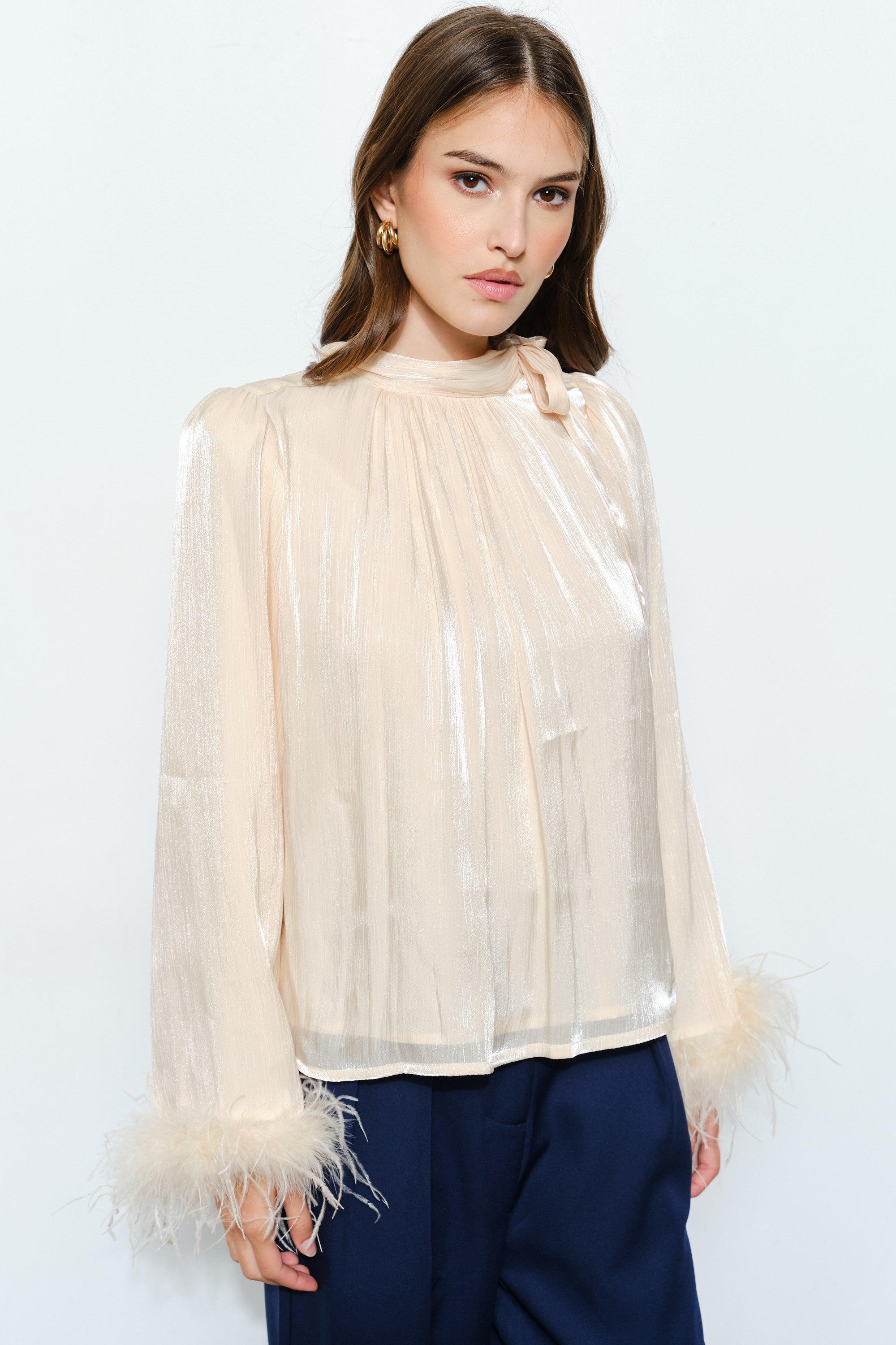 Fur Cuff Satin Blouse