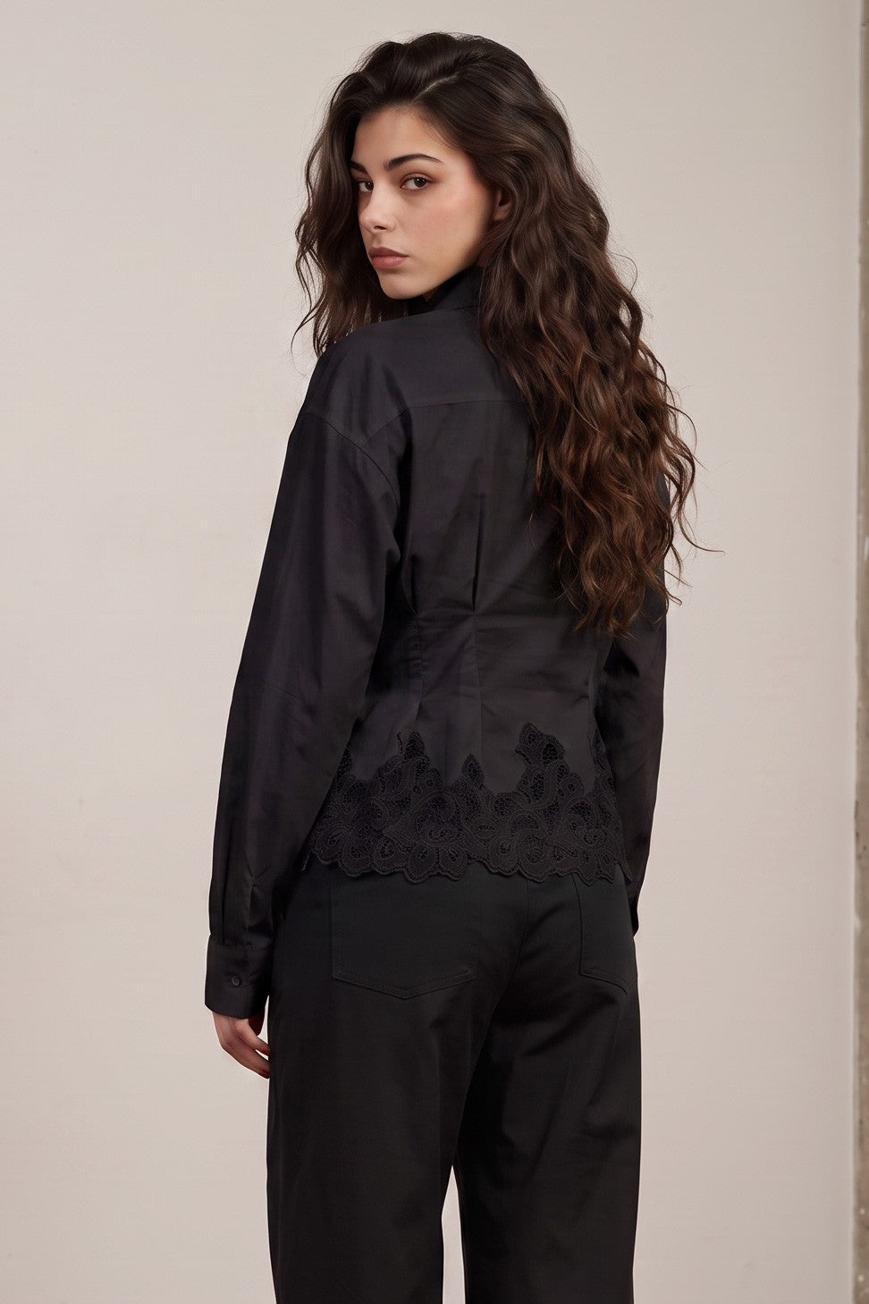 Lace Hem Fitted Button-Up