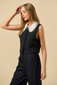 Pearl Collar Tweed Top
