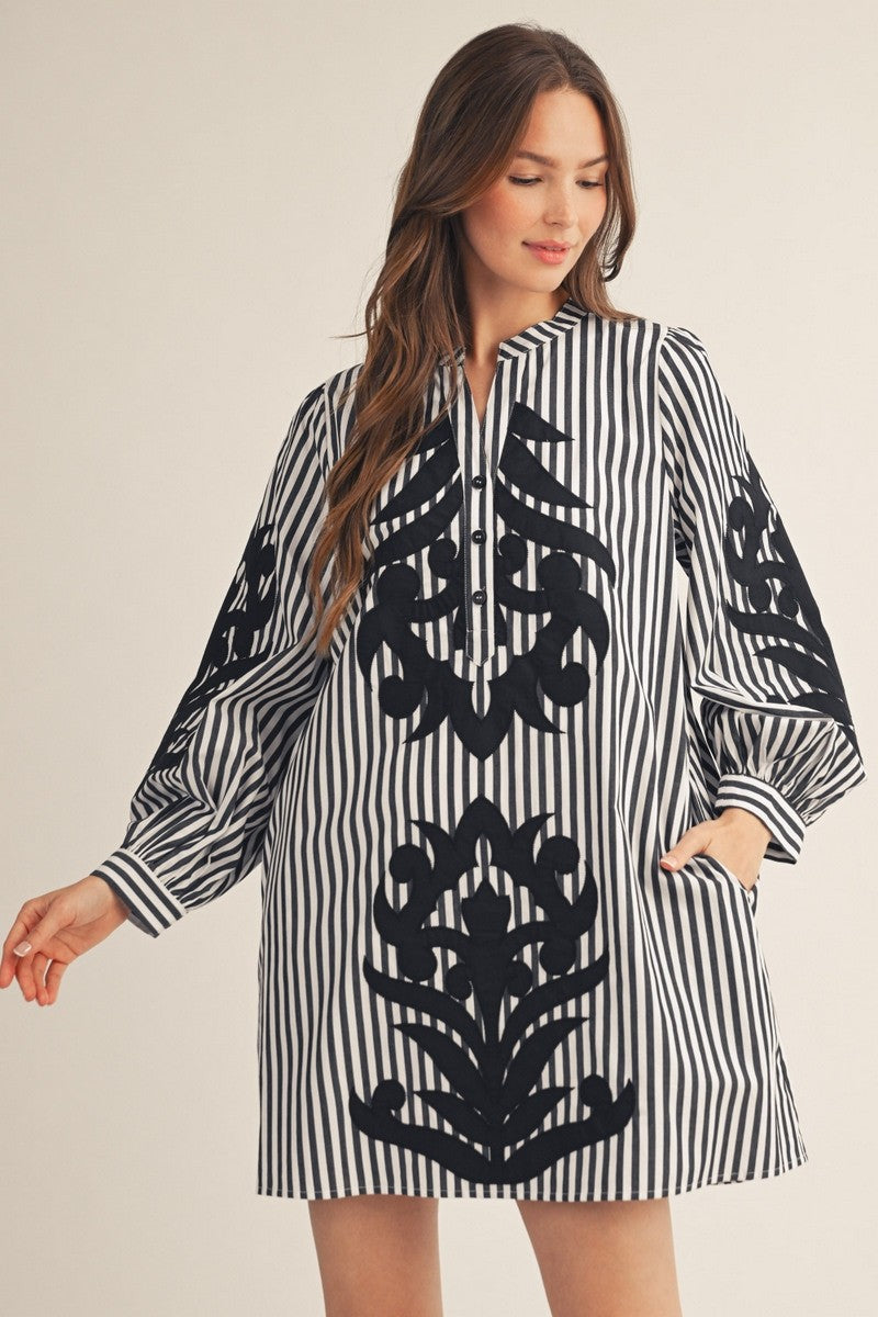 Baroque Applique Detail Stripe Dress