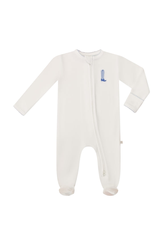 Blue Boot Embroidered  Zipper Romper