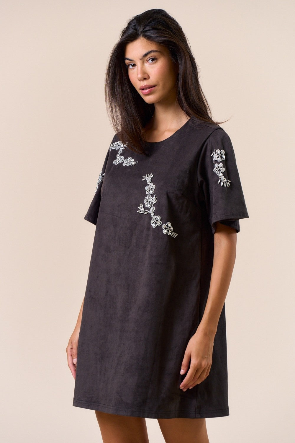 Grey Beaded Embroidered Mini Dress