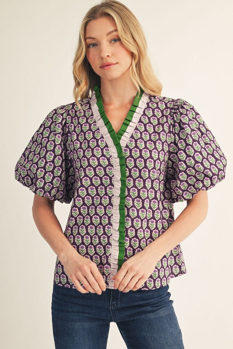 Contrast Ruffle Collar Floral Top