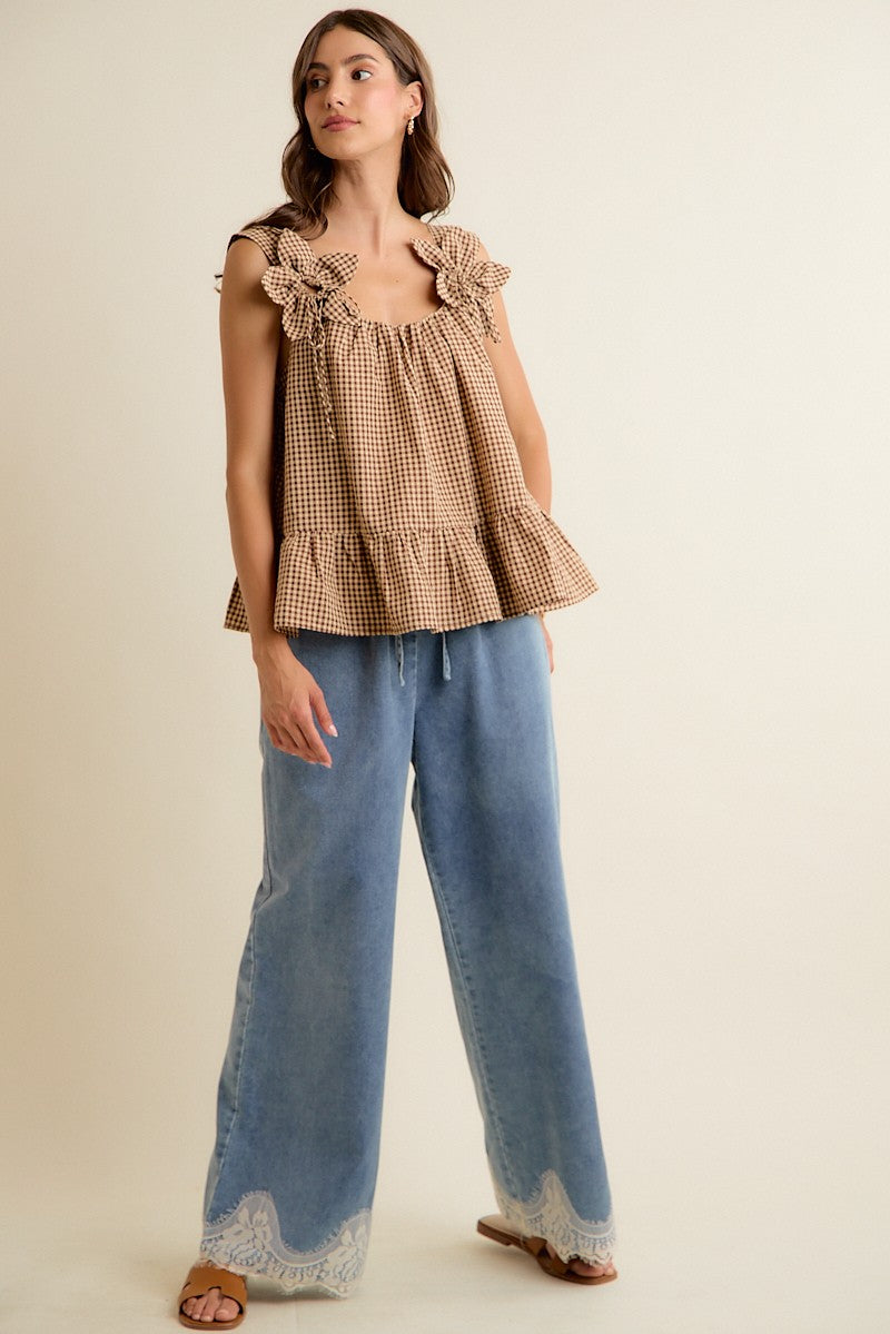 Gingham Floral Applique Top