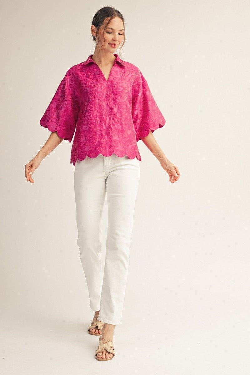 Scallop Detail Floral Jacquard Top