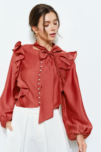 Bow Tie Blouse with Pearl Buttons