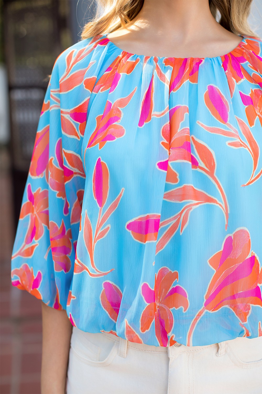 Floral Puff Sleeve Pleated Blouse