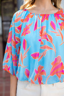 Floral Puff Sleeve Pleated Blouse