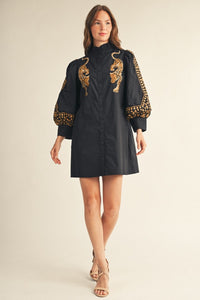 Leopard Embroidered Button Down Dress
