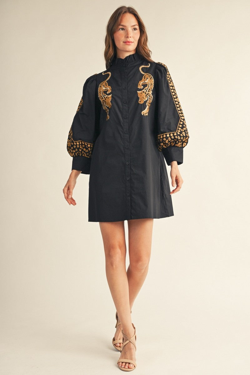 Leopard Embroidered Button Down Dress
