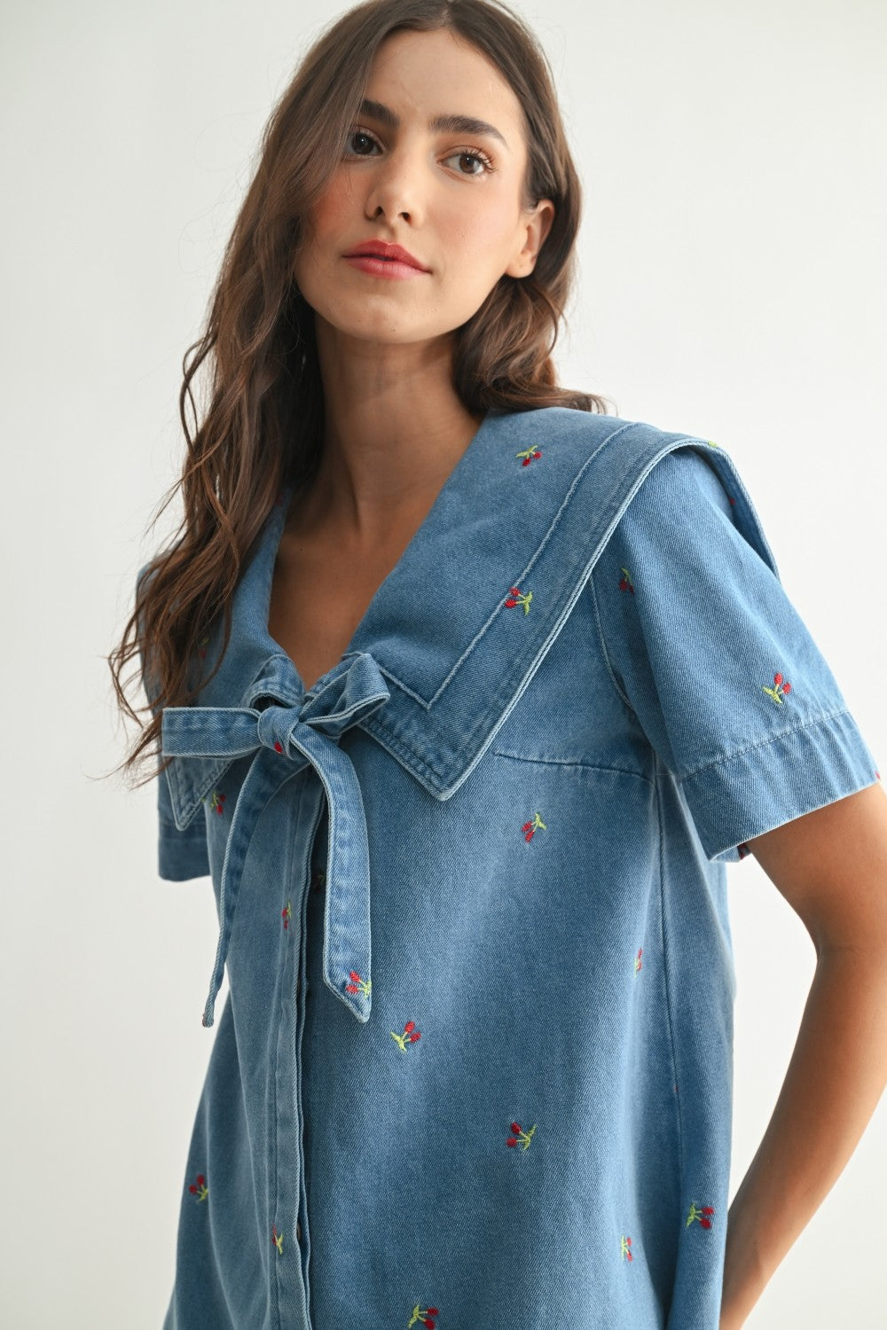 Cherry Embroidered Denim Dress