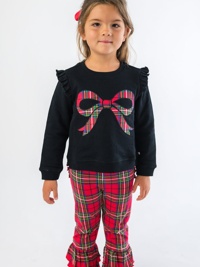 Plaid Bow Applique Flutter Sweatshirt