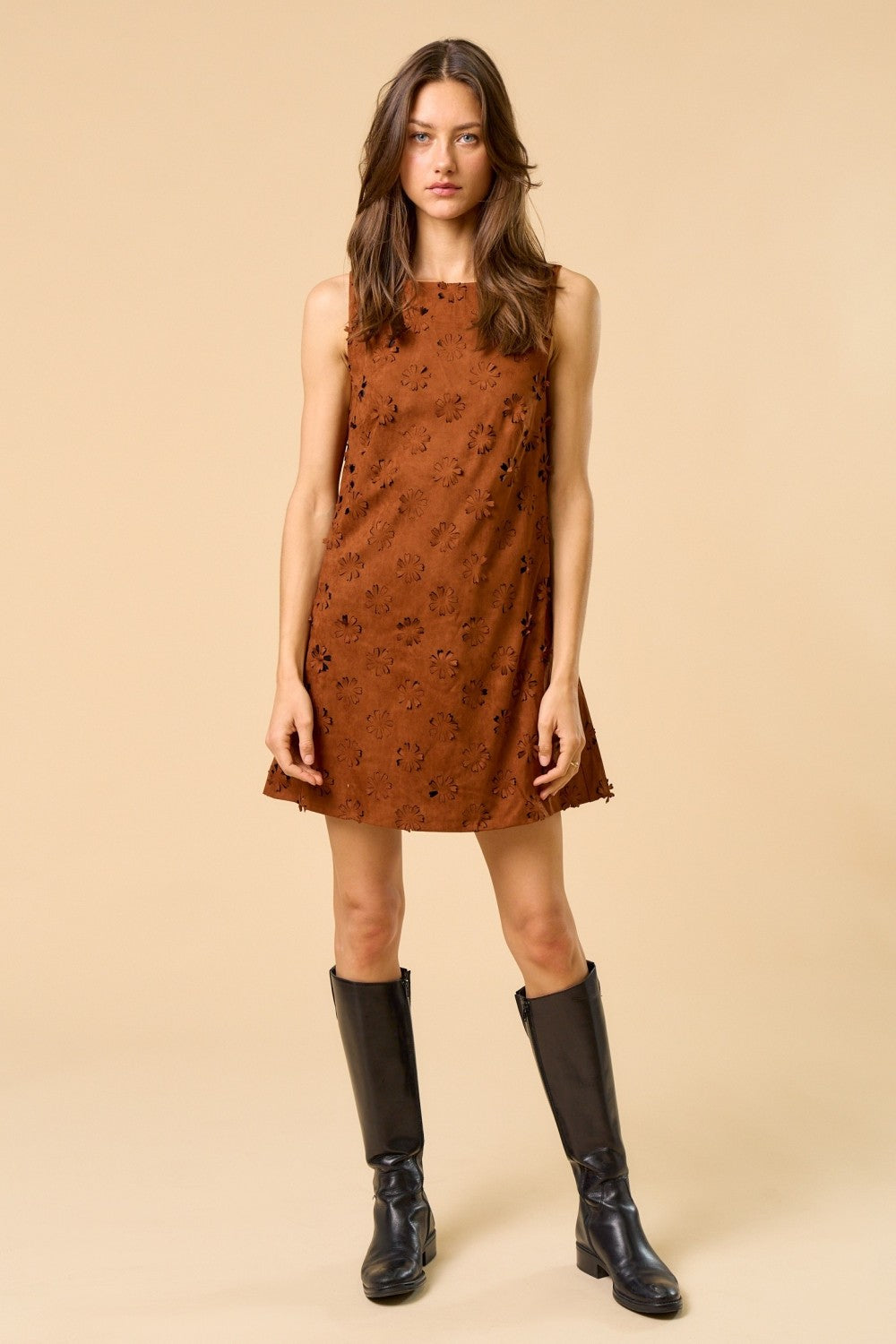 Flower Cut Out Suede Dress