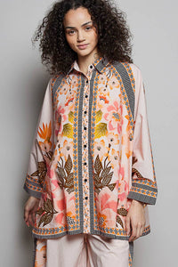 Boho Floral Print Button-Down Batwing Shirt