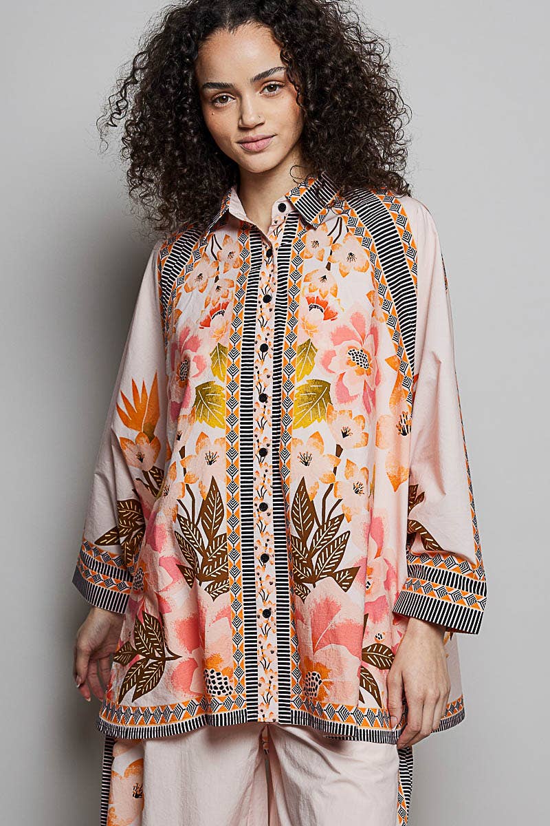 Boho Floral Print Button-Down Batwing Shirt