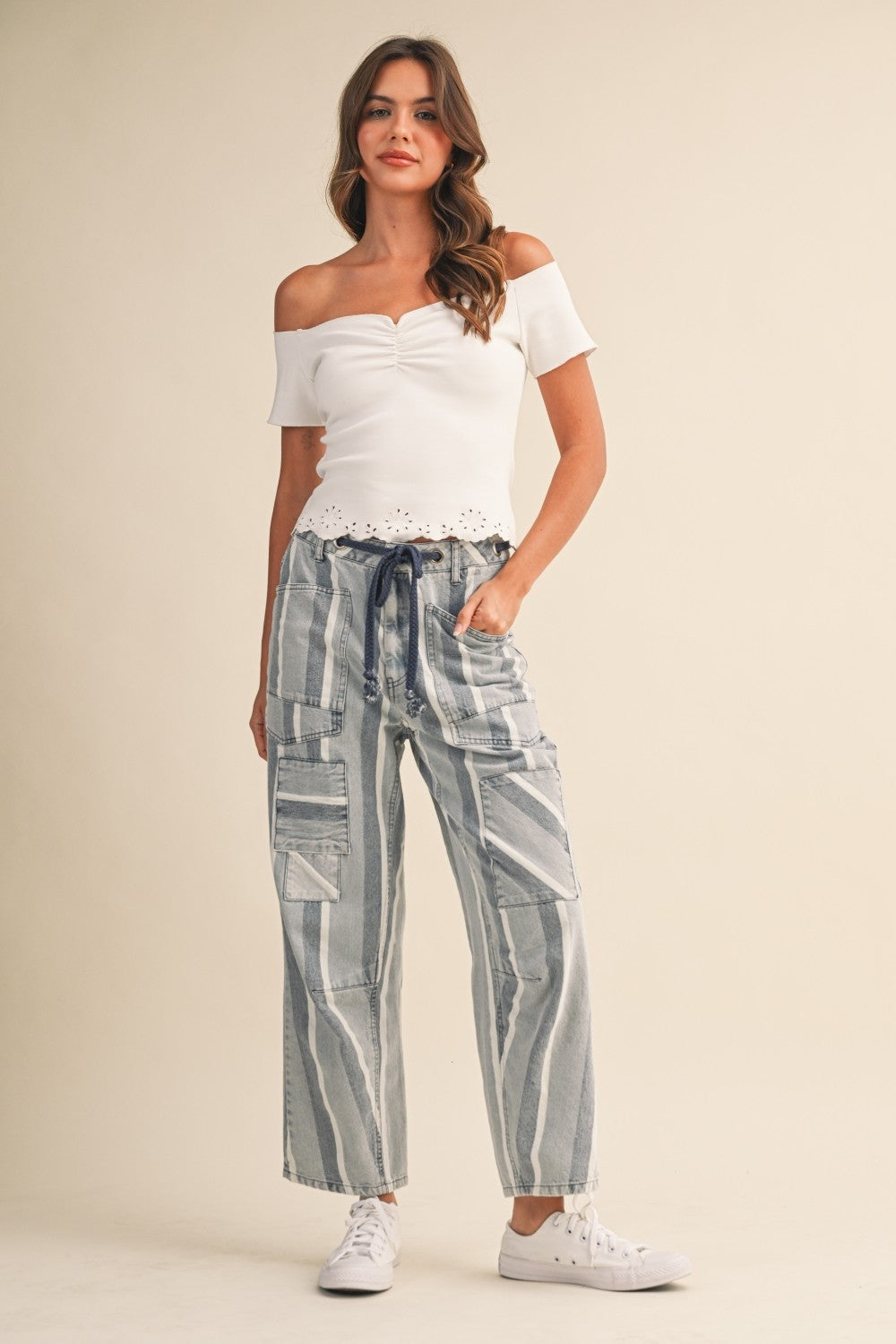 Striped Patchwork Barrel Jeans