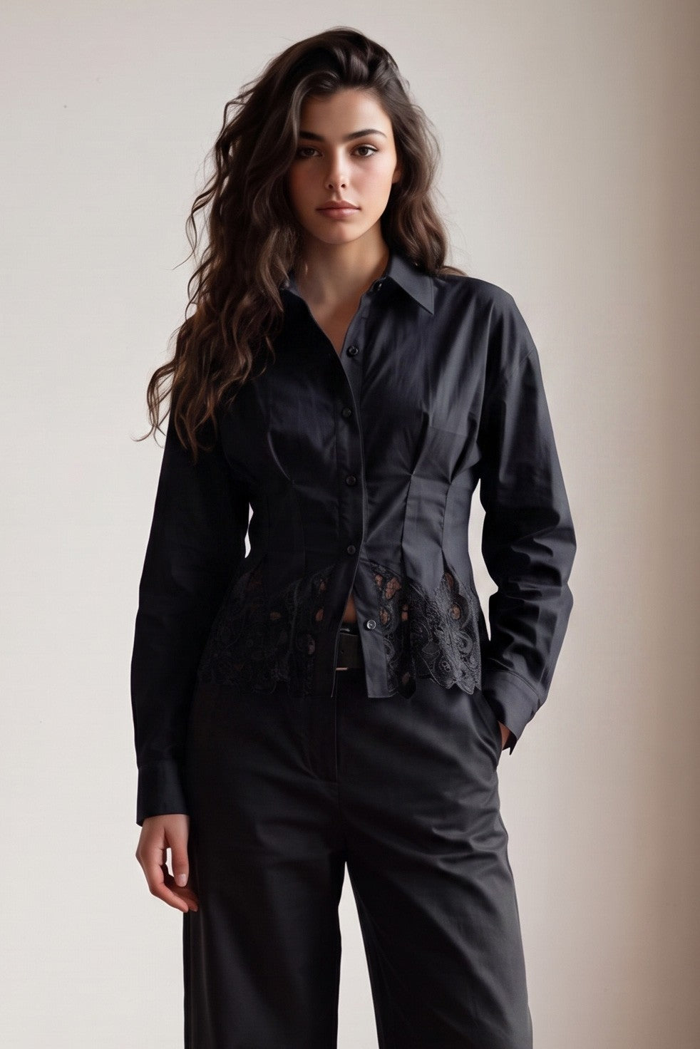 Lace Hem Fitted Button-Up