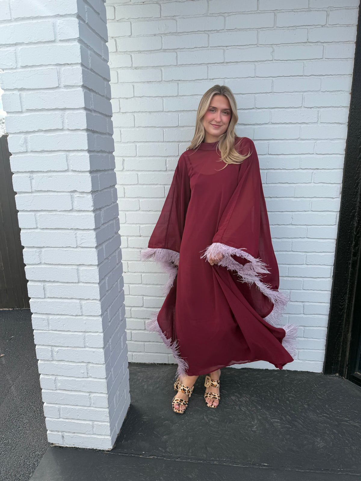 Feather Detailed Cape Maxi Dress