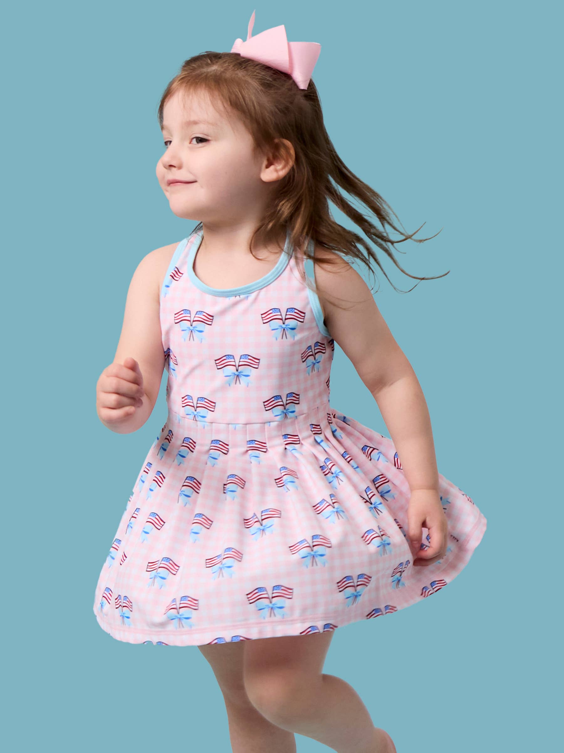 Patriotic Gingham Pleated Skirt Active Dress & Bike Short Set