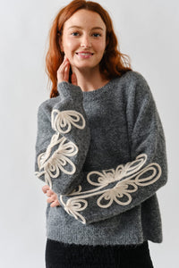Embroidered Sleeve Fuzzy Sweater