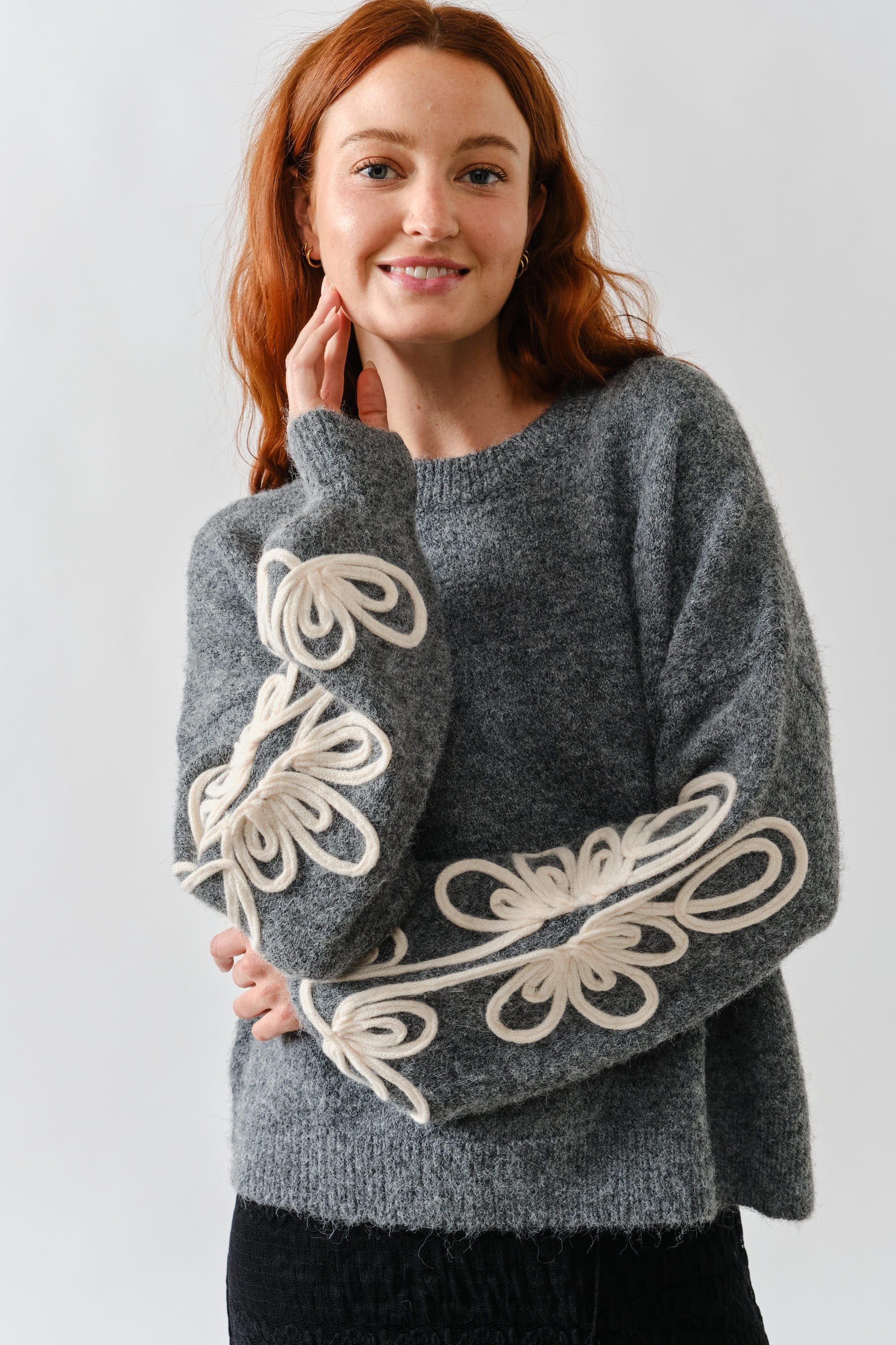 Embroidered Sleeve Fuzzy Sweater