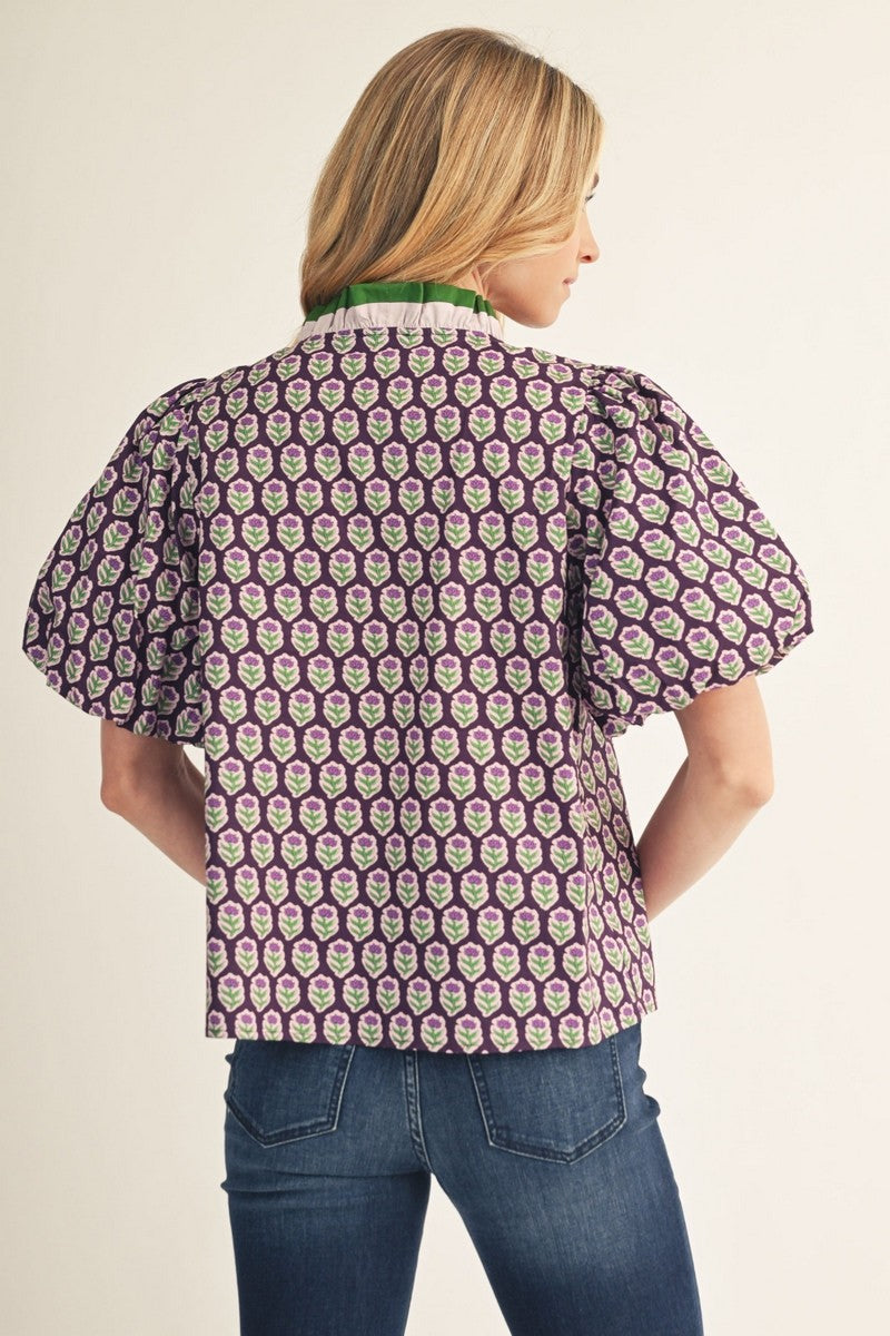Contrast Ruffle Collar Floral Top