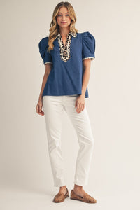 Leopard Detail Denim Blouse