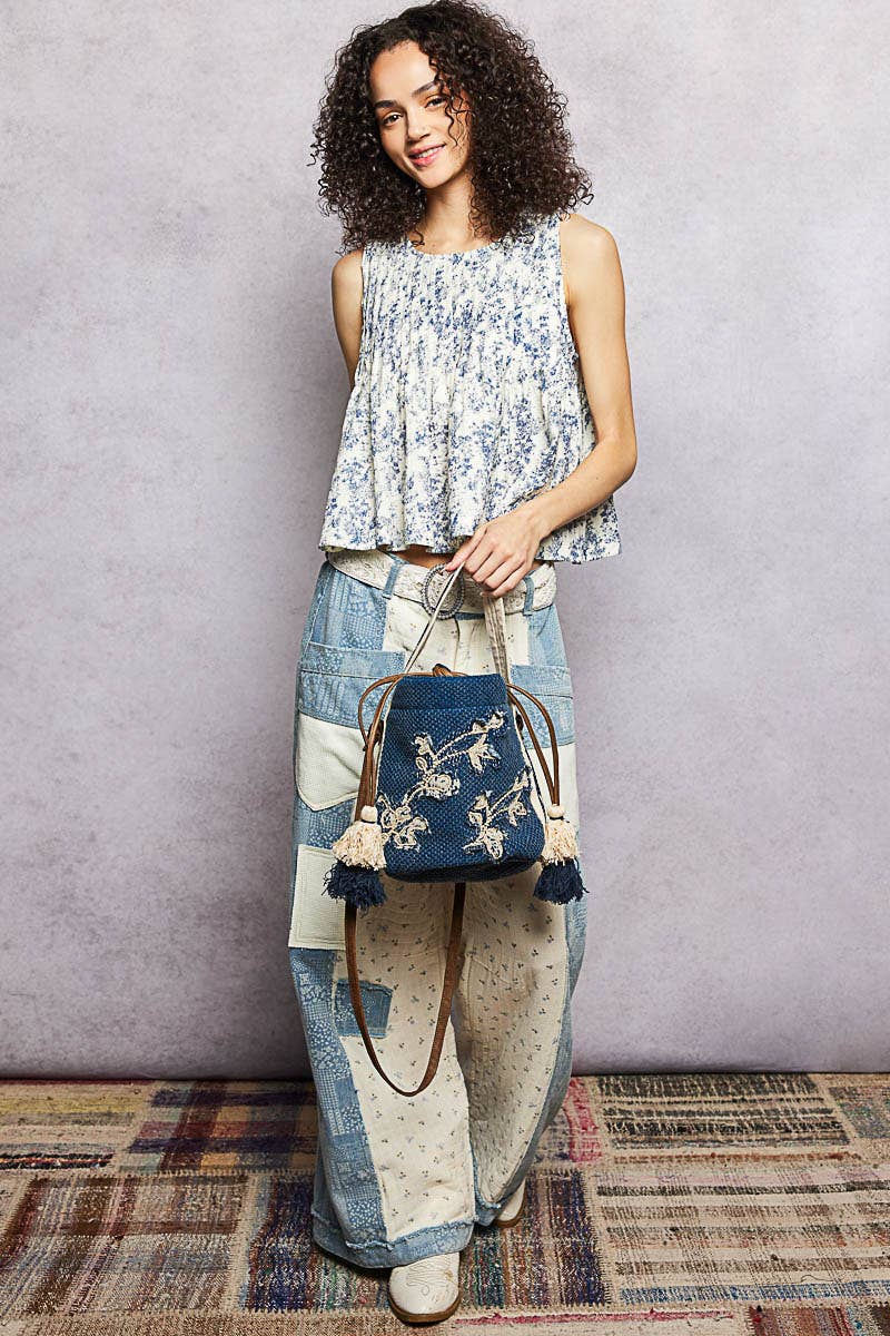 Butterfly Embroidered Textured Crossbody Bag