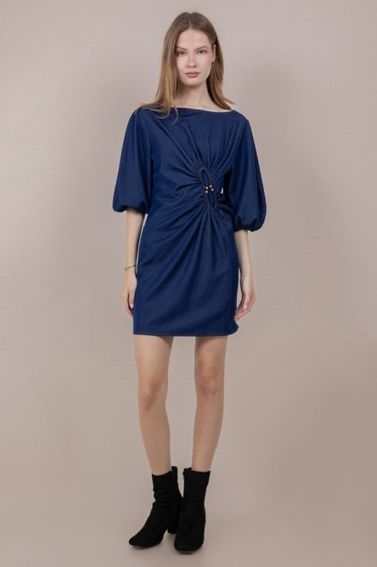 Boat Neck Denim Mini Dress