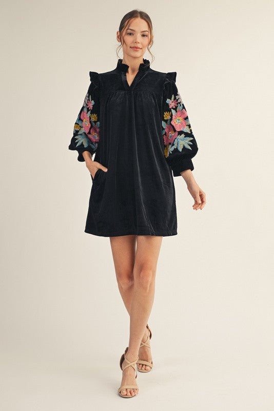 Velvet Embroidered Detail Dress