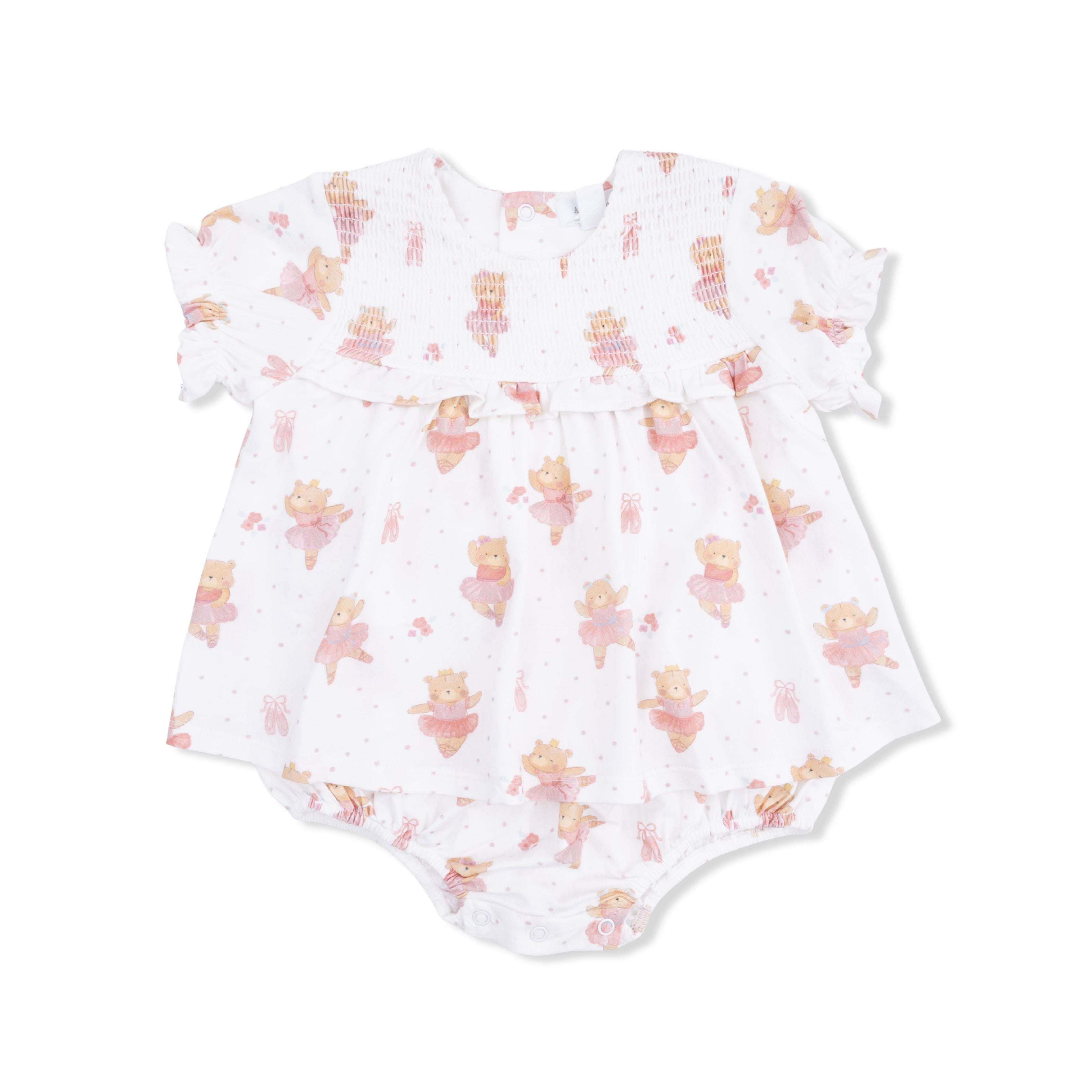 Teddy Bear Ballerina Smocked Ruffle Bubble Romper